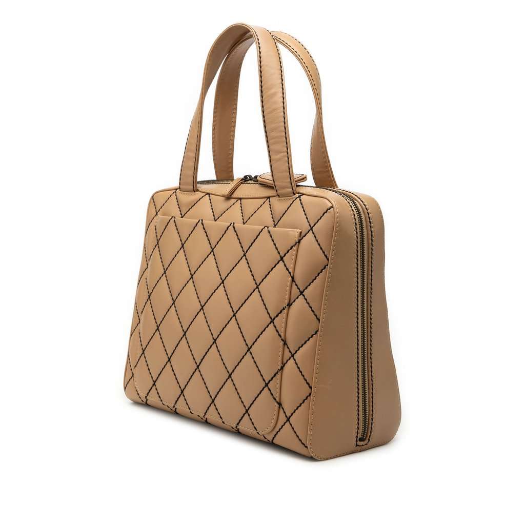 Chanel CC Lambskin Wild Stitch Handbag Beige Leather Very good - Back View