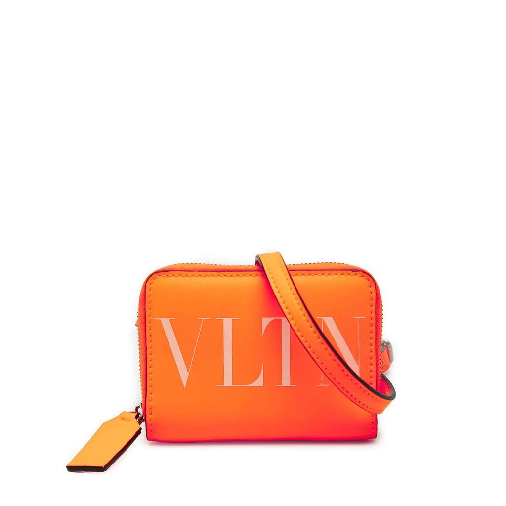 Valentino Calfskin VLTN Wallet with Neck Strap Orange Leather Very good condition - Front View