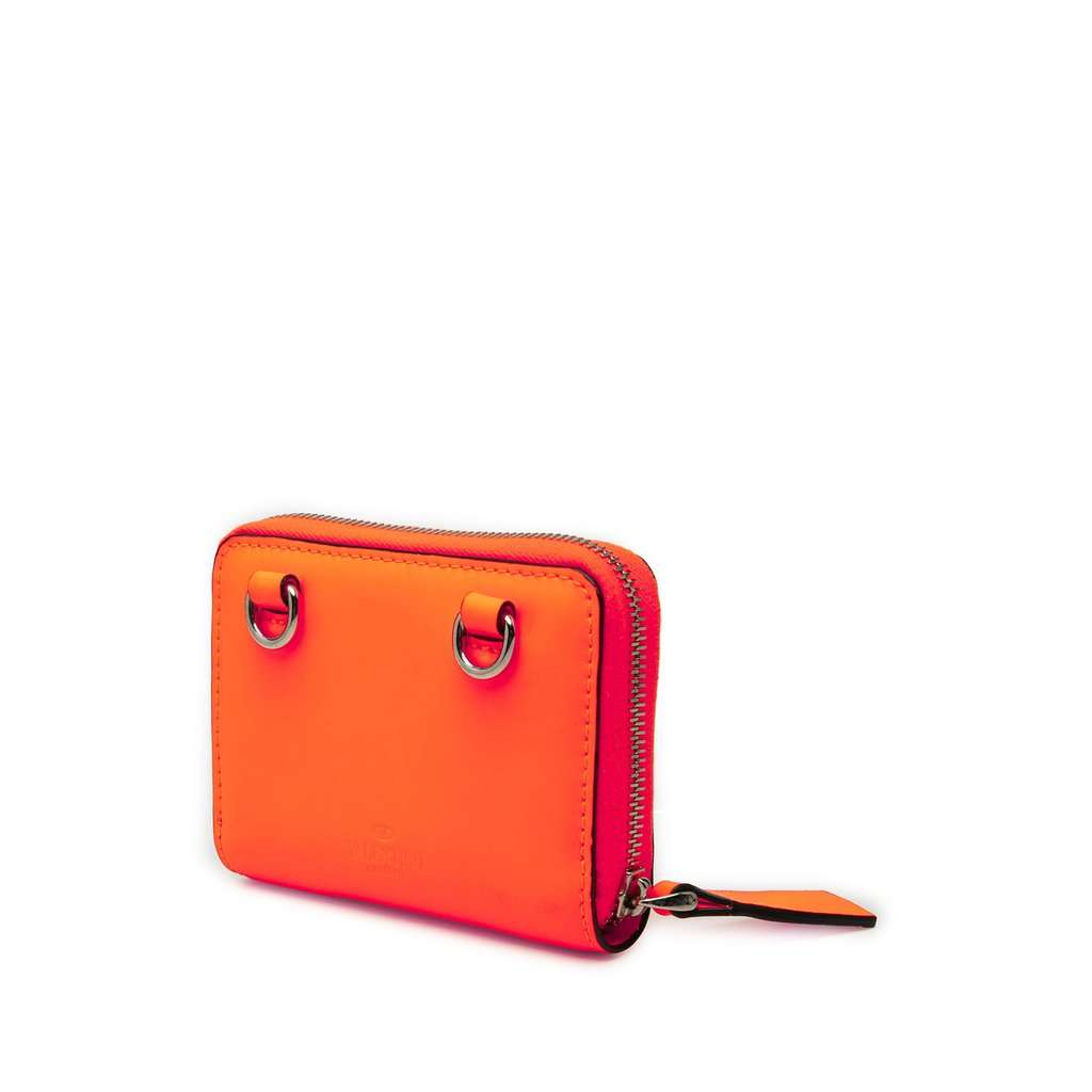 Valentino Calfskin VLTN Wallet with Neck Strap Orange Leather Very good condition - Back View