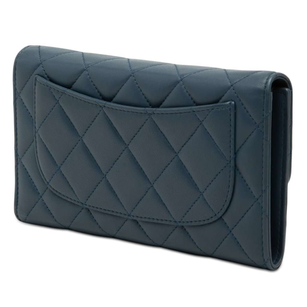 Chanel CC Quilted Lambskin Classic Flap Wallet Blue Leather Very good - Back View