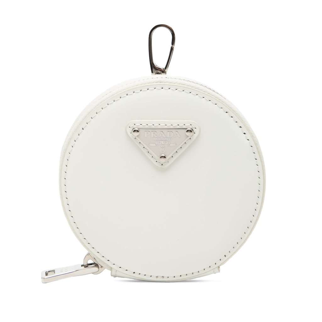 Prada Spazzolato Round Coin Pouch Bag Charm White Leather Very good condition - Front View