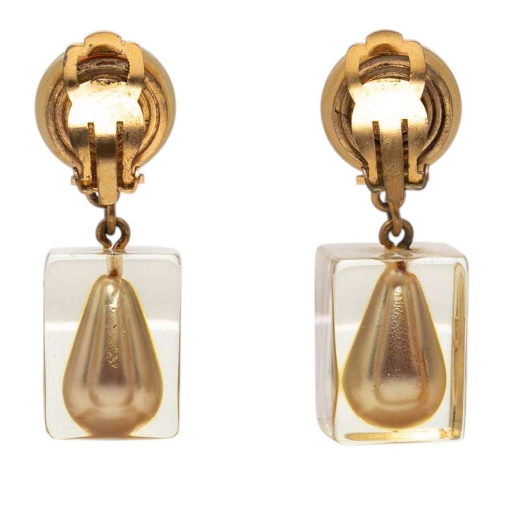 Chanel CC Gold Plated Resin Faux Pearl Cube Drop Clip On Earrings Gold Metal Very good condition - Back View