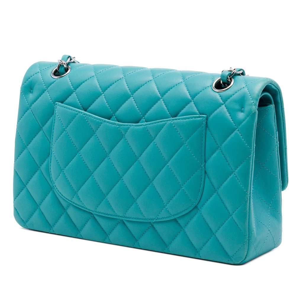Chanel Medium Classic Lambskin Double Flap Blue Leather Very good - Back View