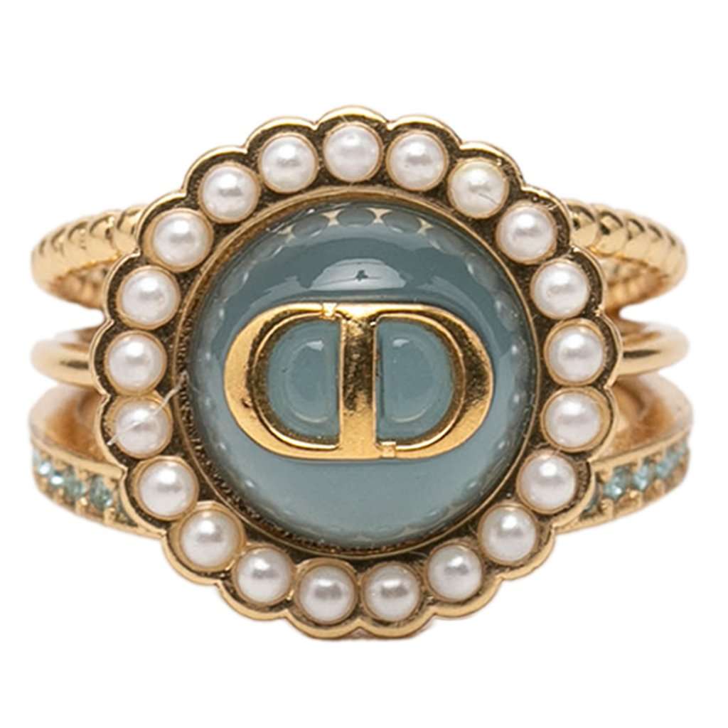 Dior Gold Plated Resin Faux Pearl Strass CD Logo Ring Gold Metal Very good - Front View