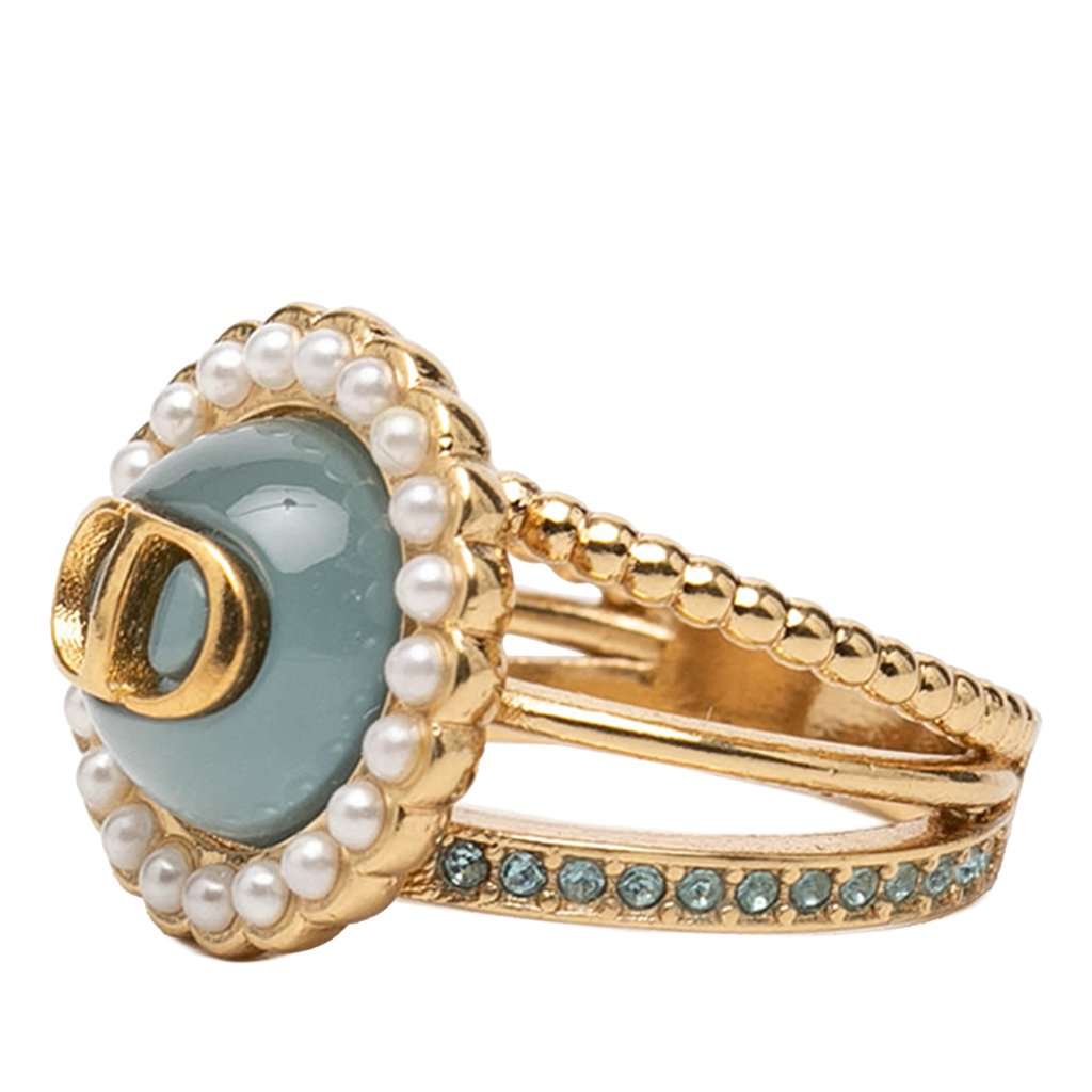 Dior Gold Plated Resin Faux Pearl Strass CD Logo Ring Gold Metal Very good - Back View