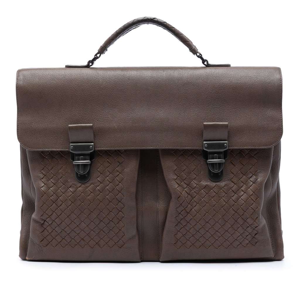 Bottega Veneta Intrecciato Trimmed Nappa Business Bag Brown Leather Very good condition - Front View