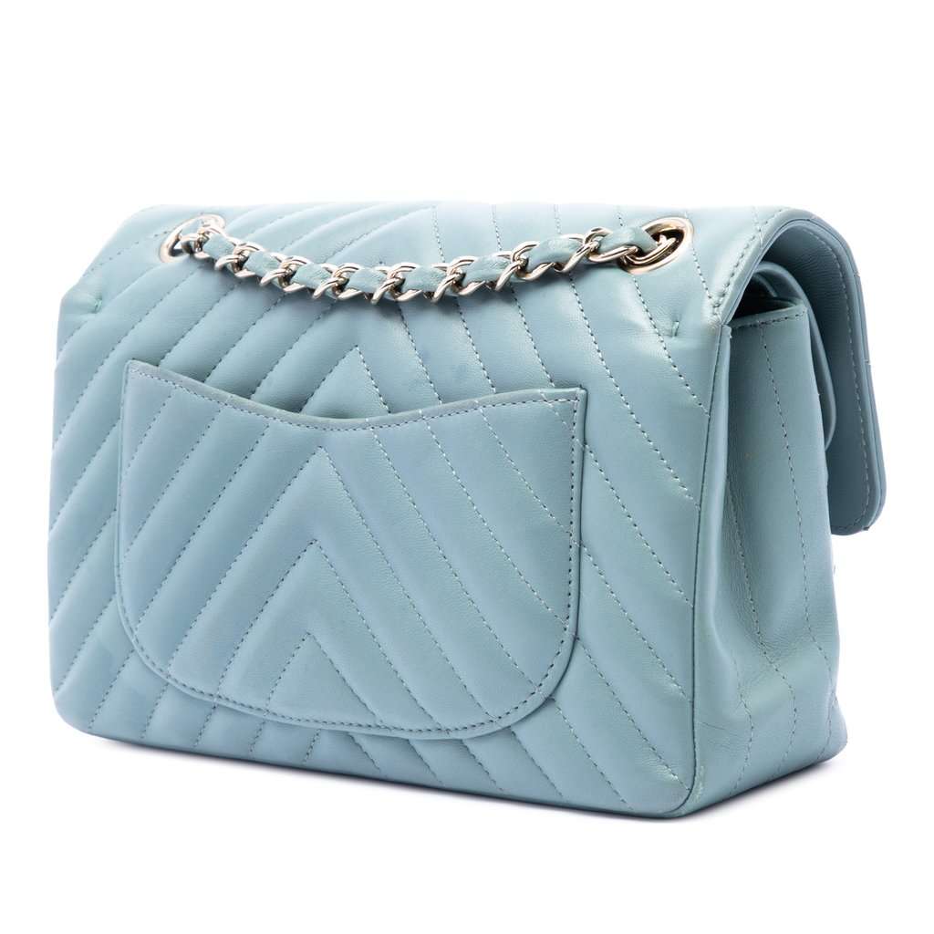 Chanel Small Classic Chevron Lambskin Double Flap Blue Leather Very good condition - Back View