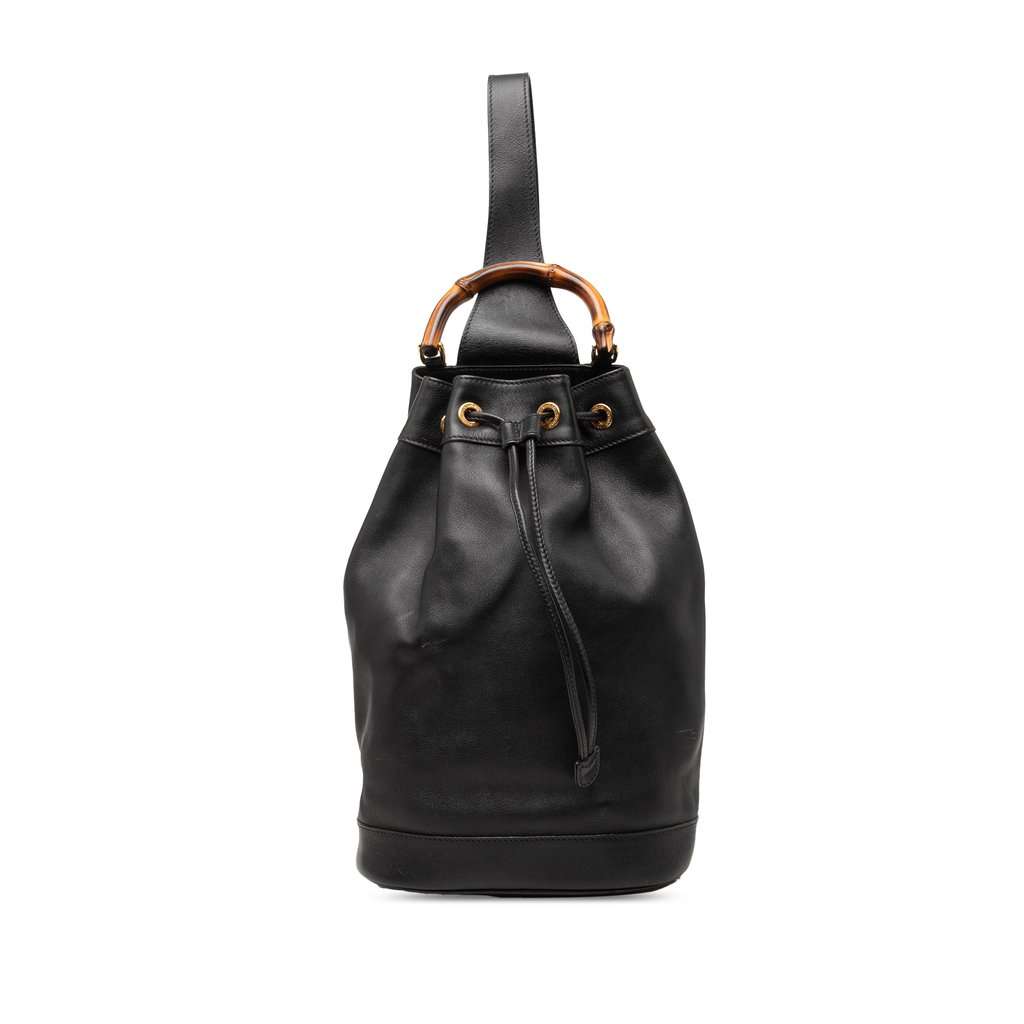 Gucci Calfskin Bamboo Drawstring Sling Backpack Black Leather Very good - Front View