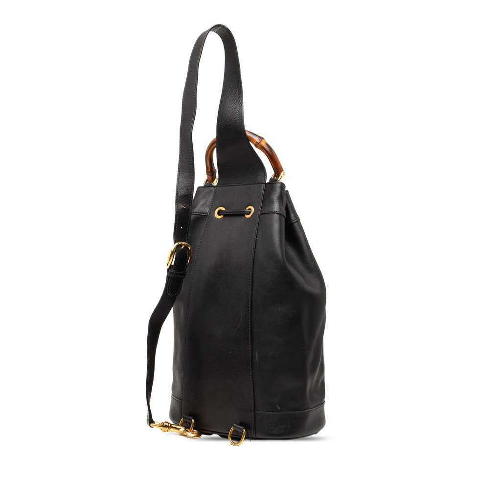 Gucci Calfskin Bamboo Drawstring Sling Backpack Black Leather Very good - Back View