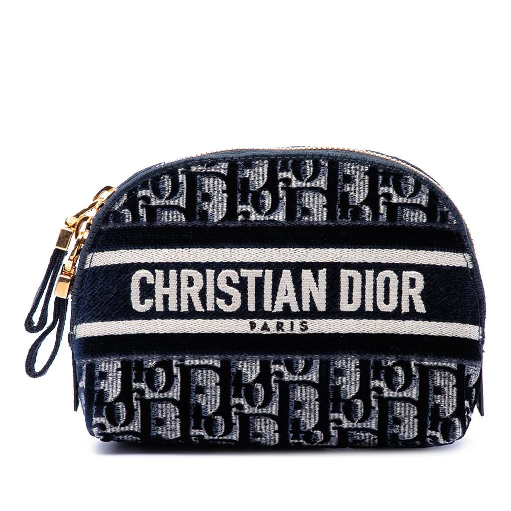 Dior Oblique Embroidered Velvet Cosmetic Pouch Blue Very good - Front View