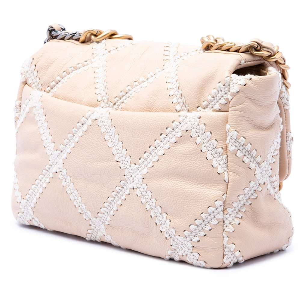 Chanel Large Crochet Calfskin 19 Flap Beige Leather Very good condition - Back View