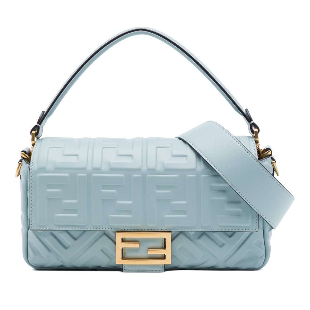 Fendi Zucca Embossed Leather Baguette Satchel Blue Leather Very good - Front View