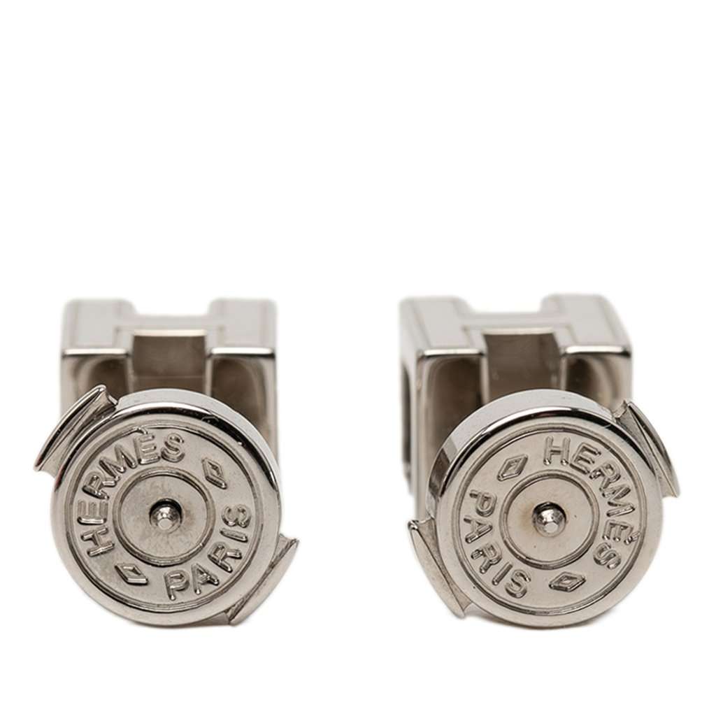 Hermès Palladium Plated and Enamel Cage D H Push Back Earrings Silver Metal Very good condition - Back View