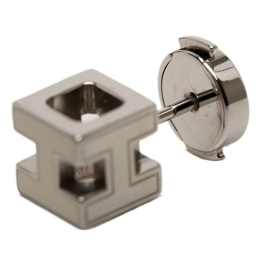 Hermès Palladium Plated and Enamel Cage D H Push Back Earrings Silver Metal Very good condition - Inside View