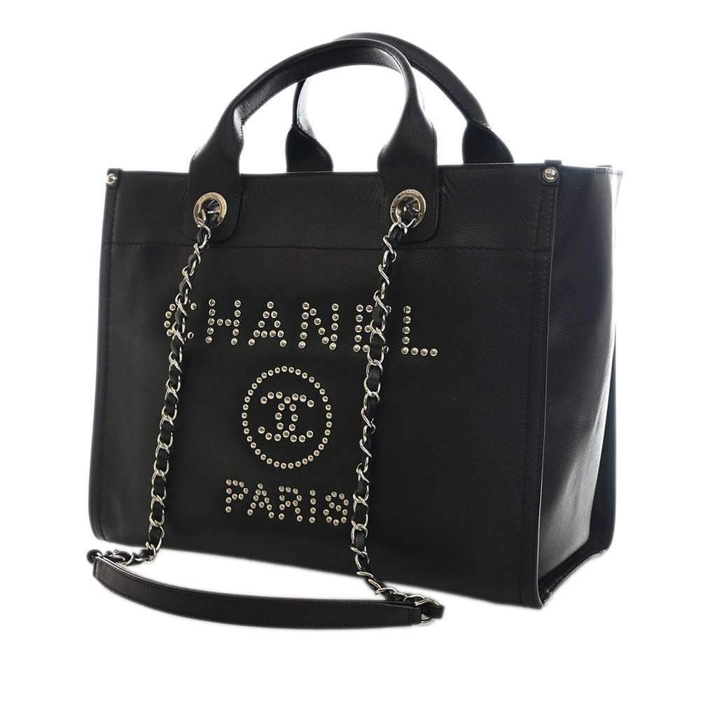 Chanel Small Caviar Studded Deauville Tote Black Leather Very good - Model View