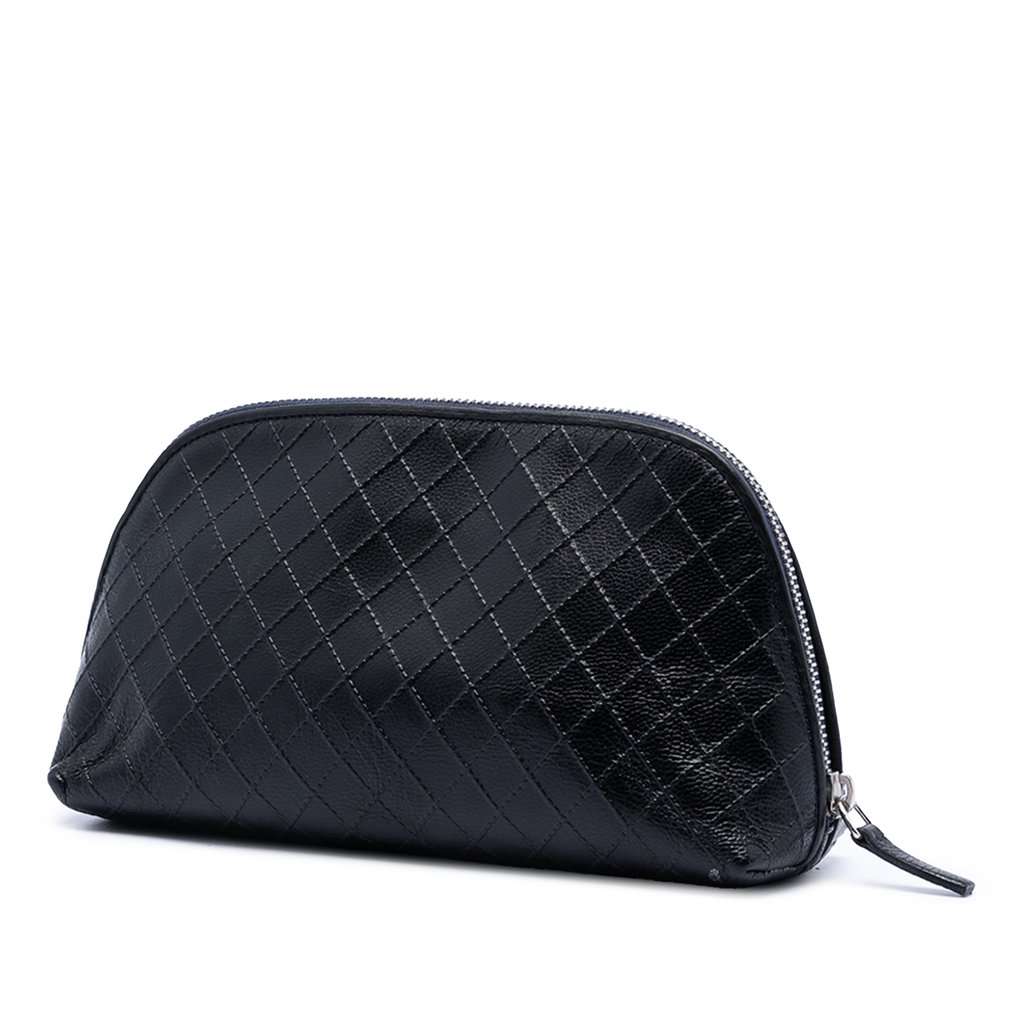 Chanel CC Diamond Embossed Calfskin Cosmetic Pouch Black Leather Very good condition - Back View