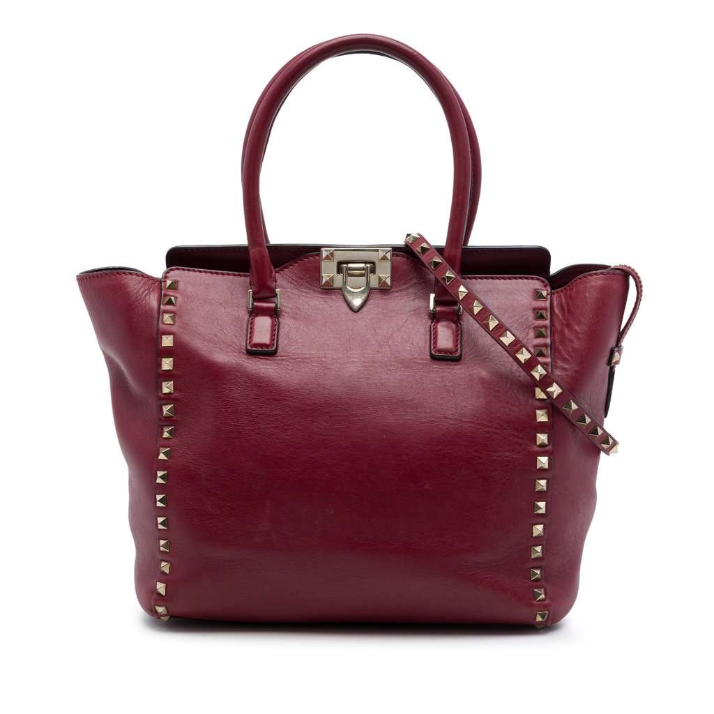 Valentino Medium Leather Rockstud Double Handle Tote Red Leather Very good - Front View
