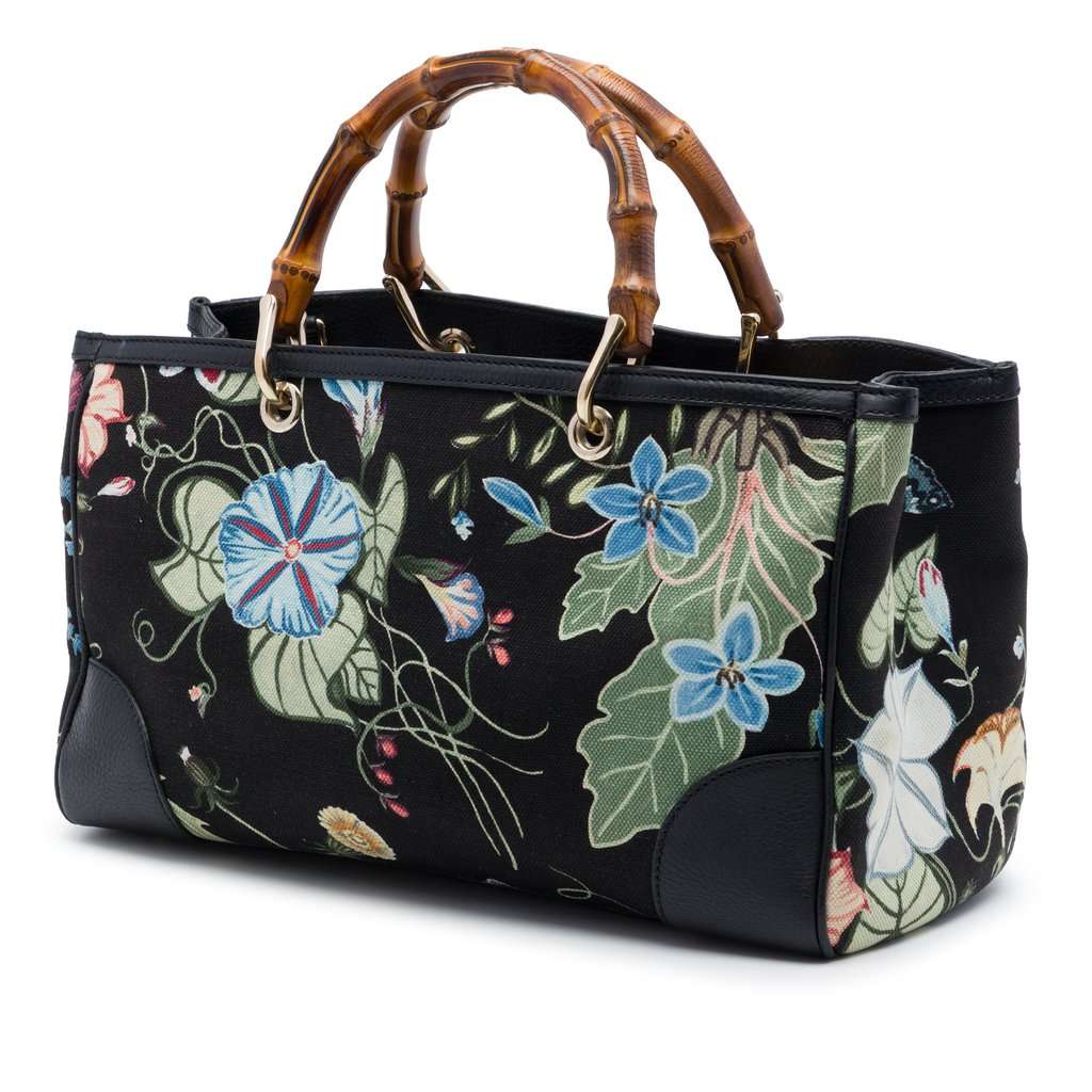 Gucci Medium Canvas Flora Knight Bamboo Shopper Satchel Black Very good - Back View