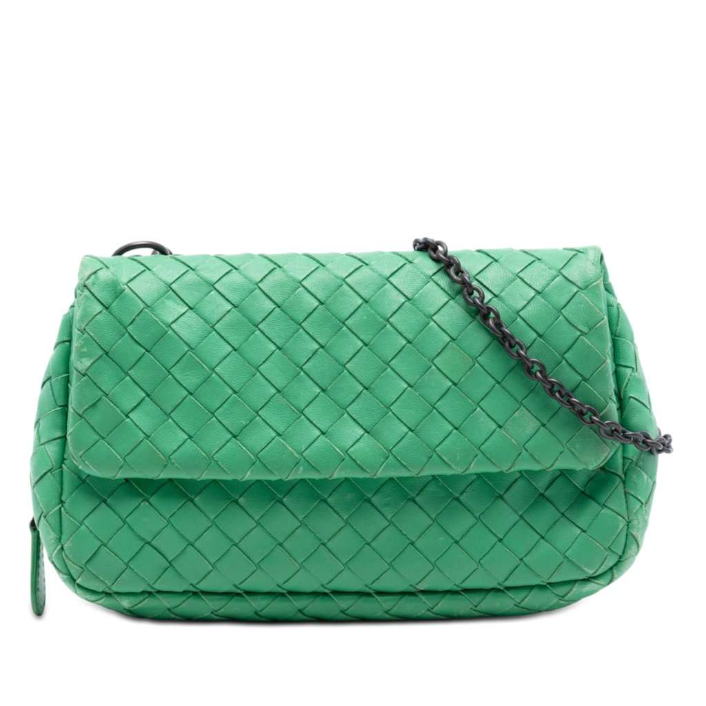 Bottega Veneta Mini Nappa Intrecciato Expandable Chain Flap Crossbody Green Leather Very good condition - Front View