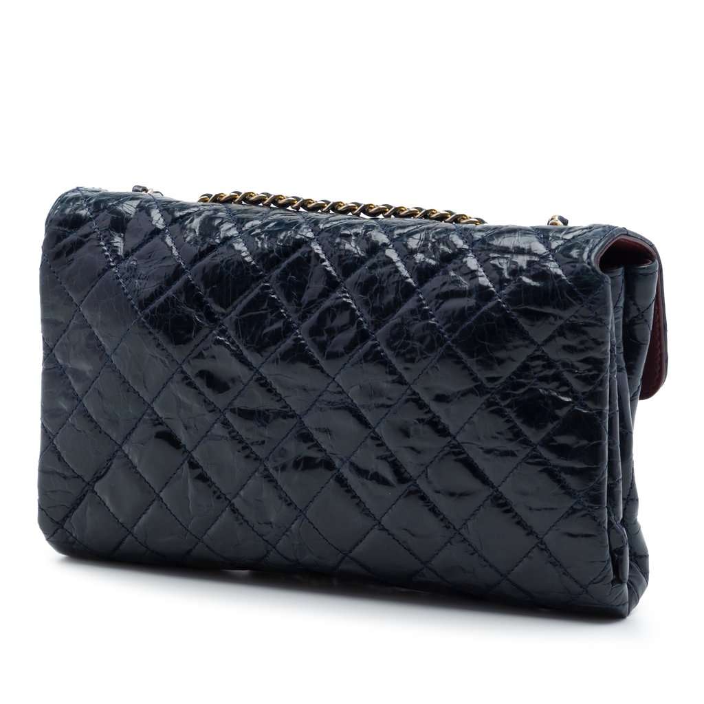 Chanel CC Quilted Crackled Glazed Calfskin Accordion Flap Blue Leather Very good condition - Back View