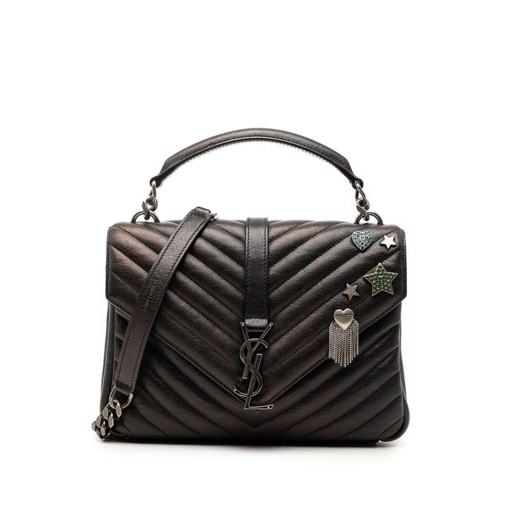 Saint Laurent Medium Metallic Chevron Sheepskin Monogram College Pins Satchel Black Leather Very good condition - Front View