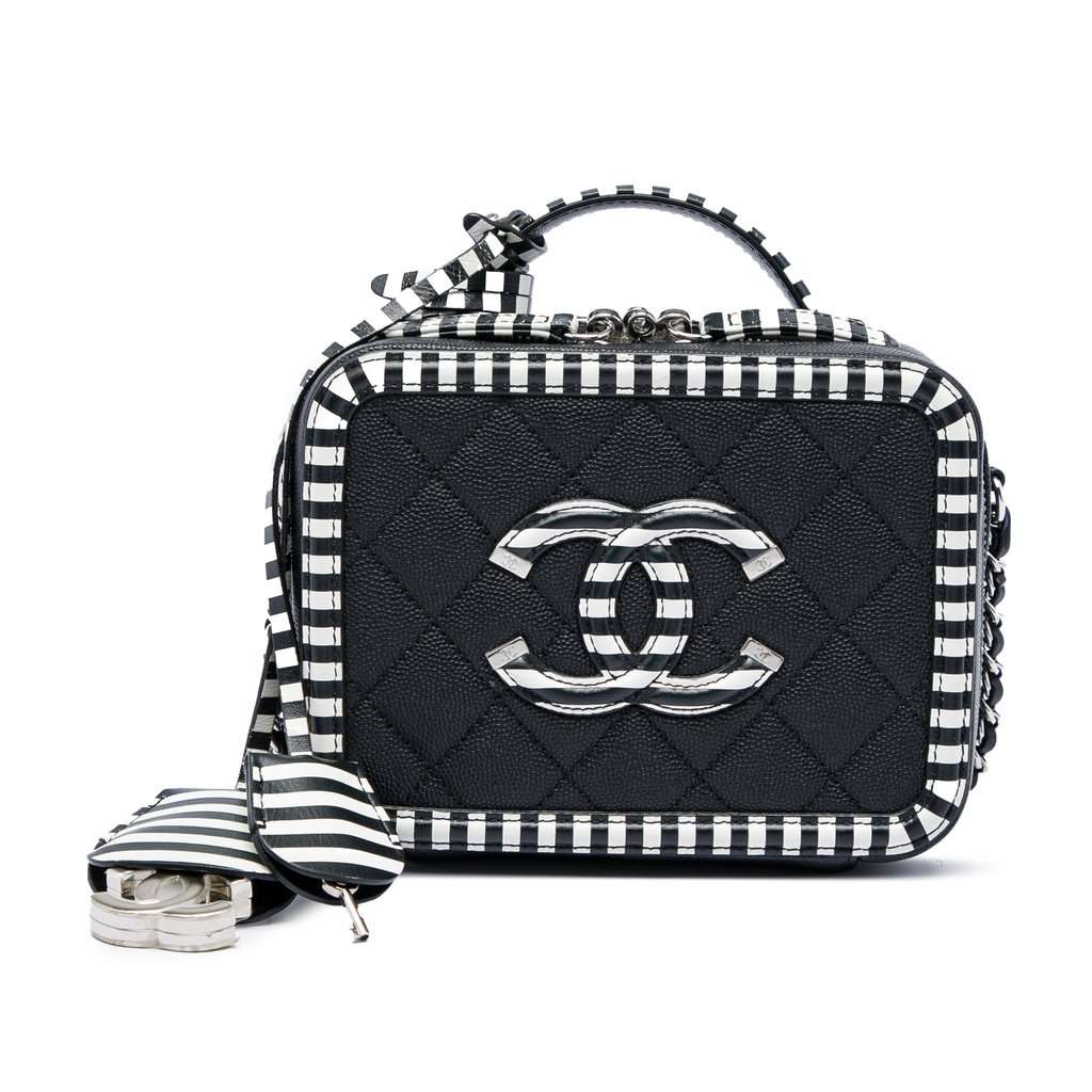 Chanel Small Caviar Striped CC Filigree Vanity Case Black Leather Very good condition - Front View