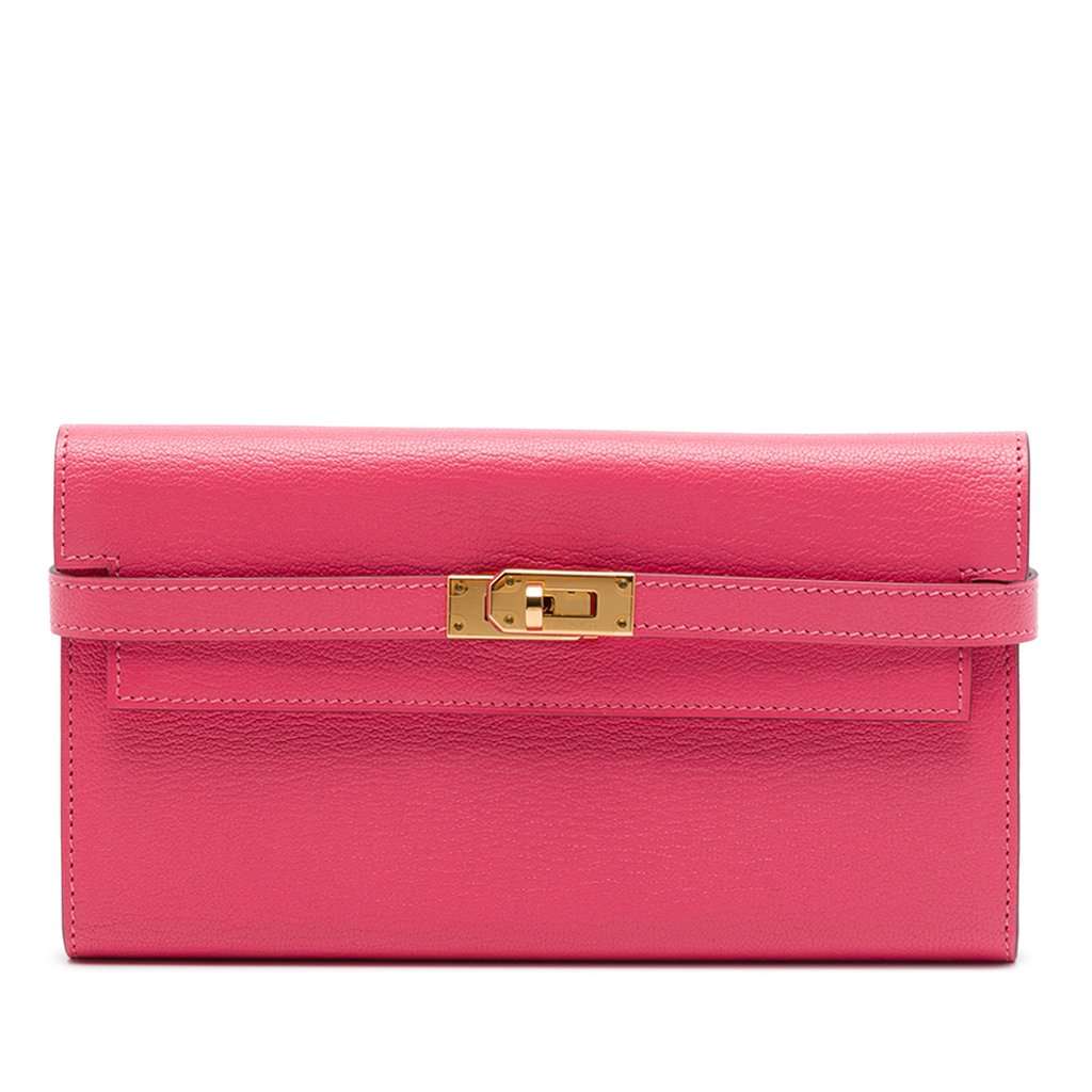 Hermès Chevre Mysore Kelly Longue Wallet Pink Leather Very good - Front View