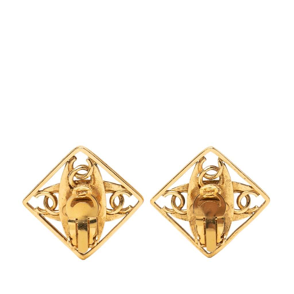 Chanel CC Gold Plated Faux Pearl Diamond Shaped Clip On Earrings Gold Metal Very good condition - Back View