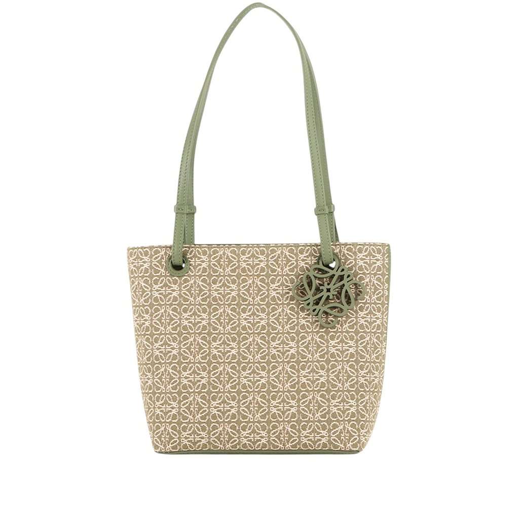 LOEWE Anagram Jacquard and Calfskin Square Tote Green Very good condition - Front View