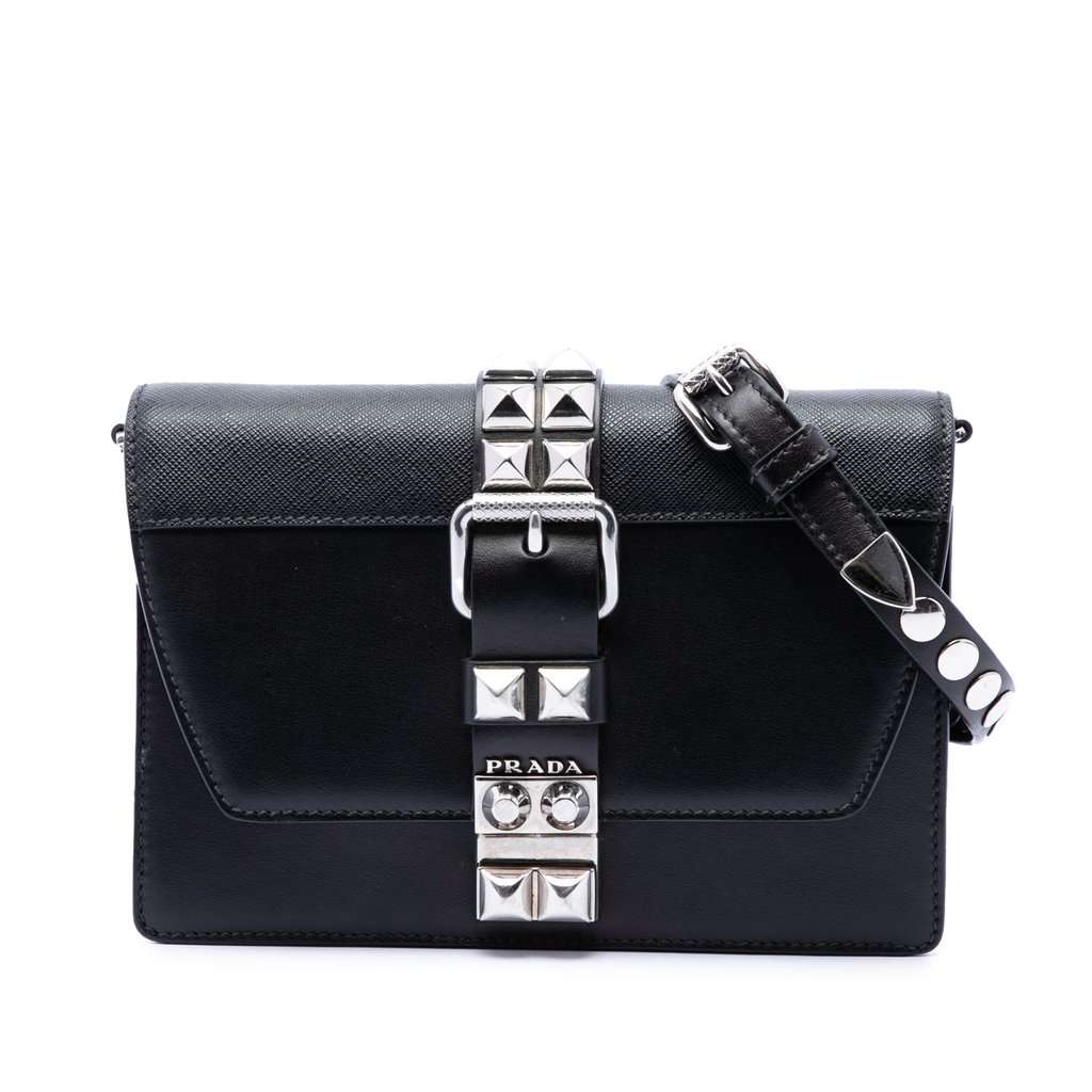 Prada City Calfskin and Saffiano Studded Elektra Crossbody Black Leather Very good condition - Front View