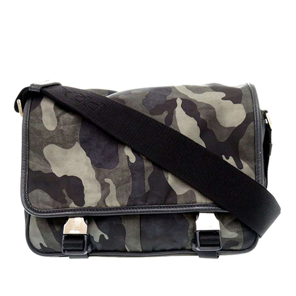 Prada Saffiano Trimmed Tessuto Camouflage Double Buckle Messenger Bag Brown Very good - Front View