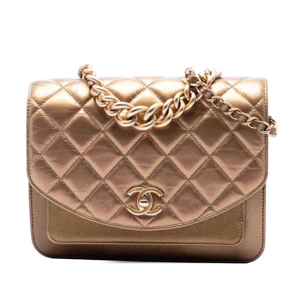 Chanel Small Metallic Calfskin and Caviar Chain Top Handle Bag Gold Leather Very good condition - Front View