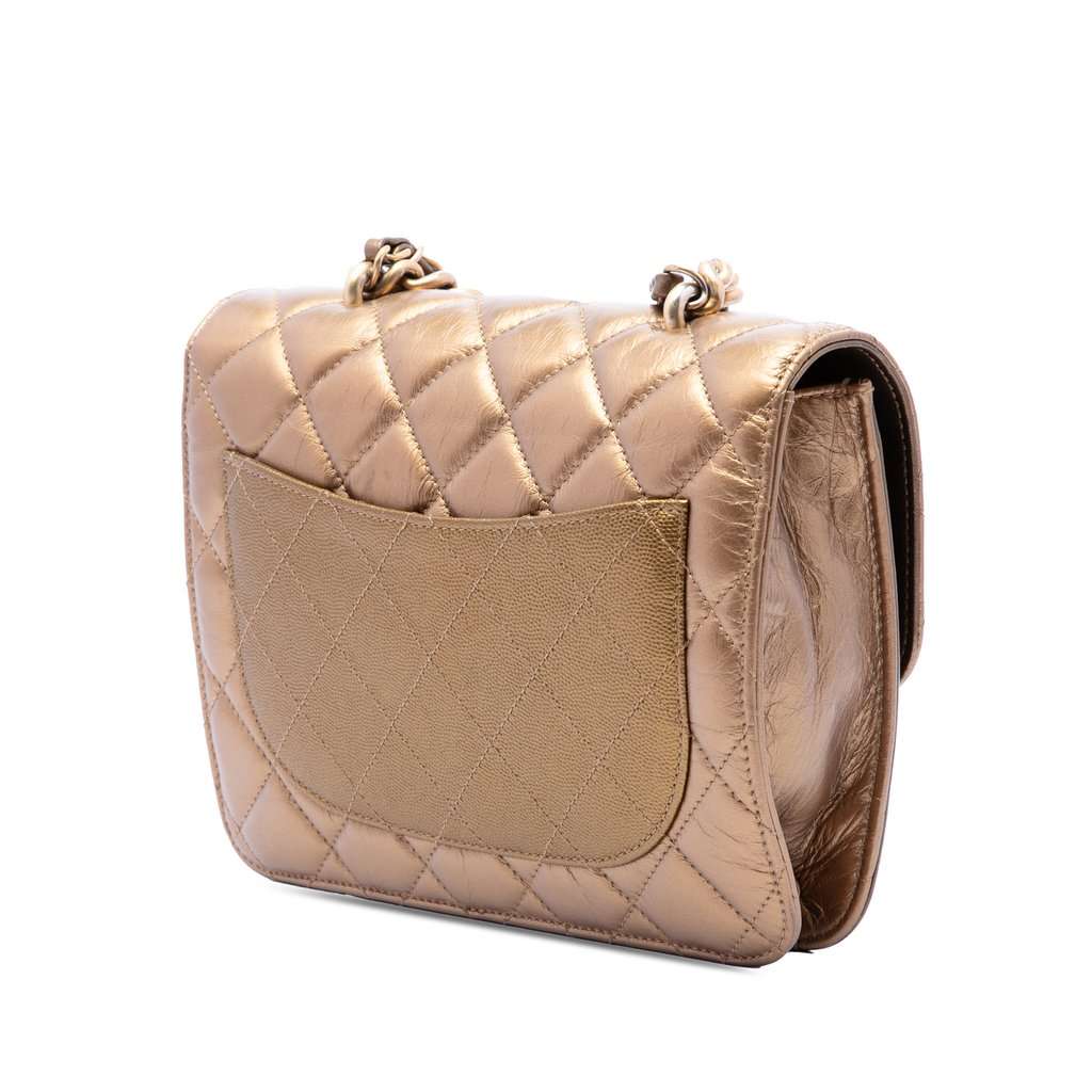 Chanel Small Metallic Calfskin and Caviar Chain Top Handle Bag Gold Leather Very good condition - Back View