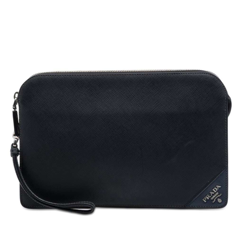 Prada Saffiano Clutch Black Leather Very good - Front View