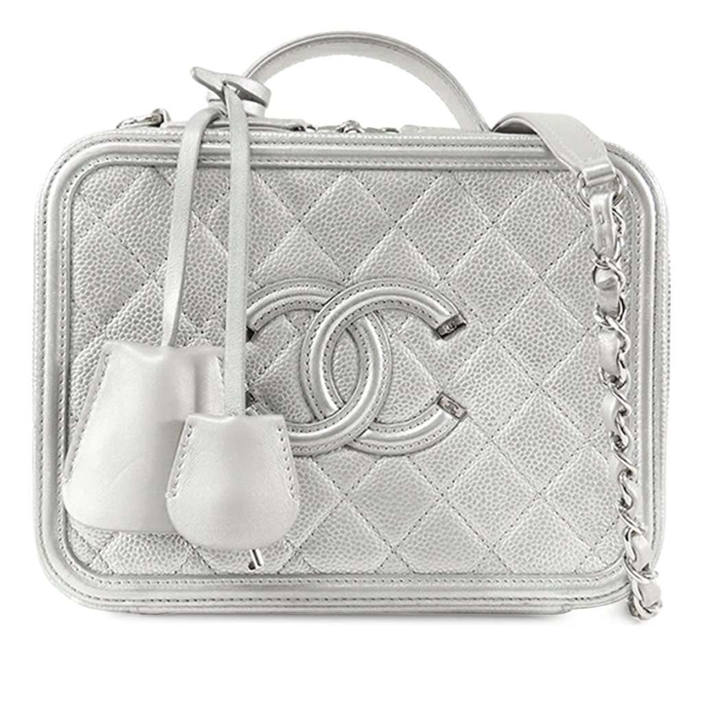 Chanel Medium Caviar CC Filigree Vanity Case Silver Leather Very good condition - Front View