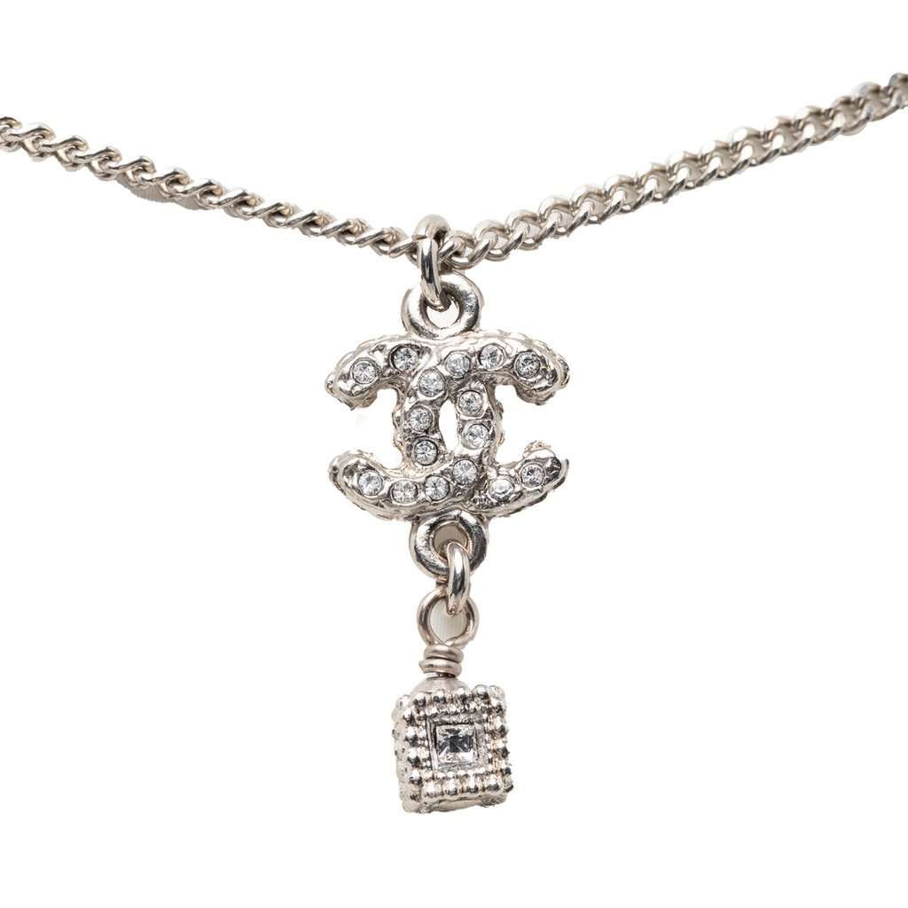 Chanel CC Brass and Strass Cube Pendant Necklace Silver Metal Very good condition - Back View