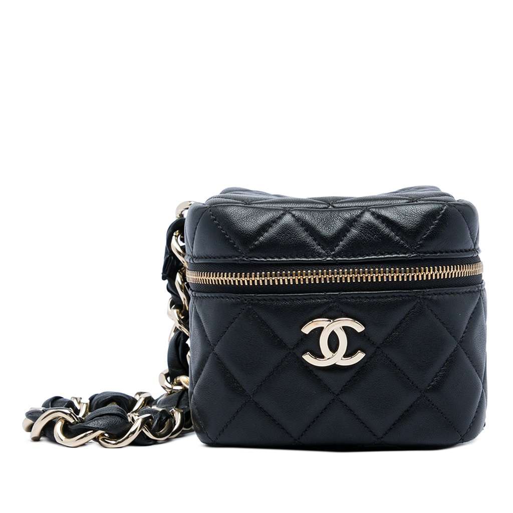 Chanel CC Quilted Lambskin Cube Wristlet Vanity Case Black Leather Very good - Front View