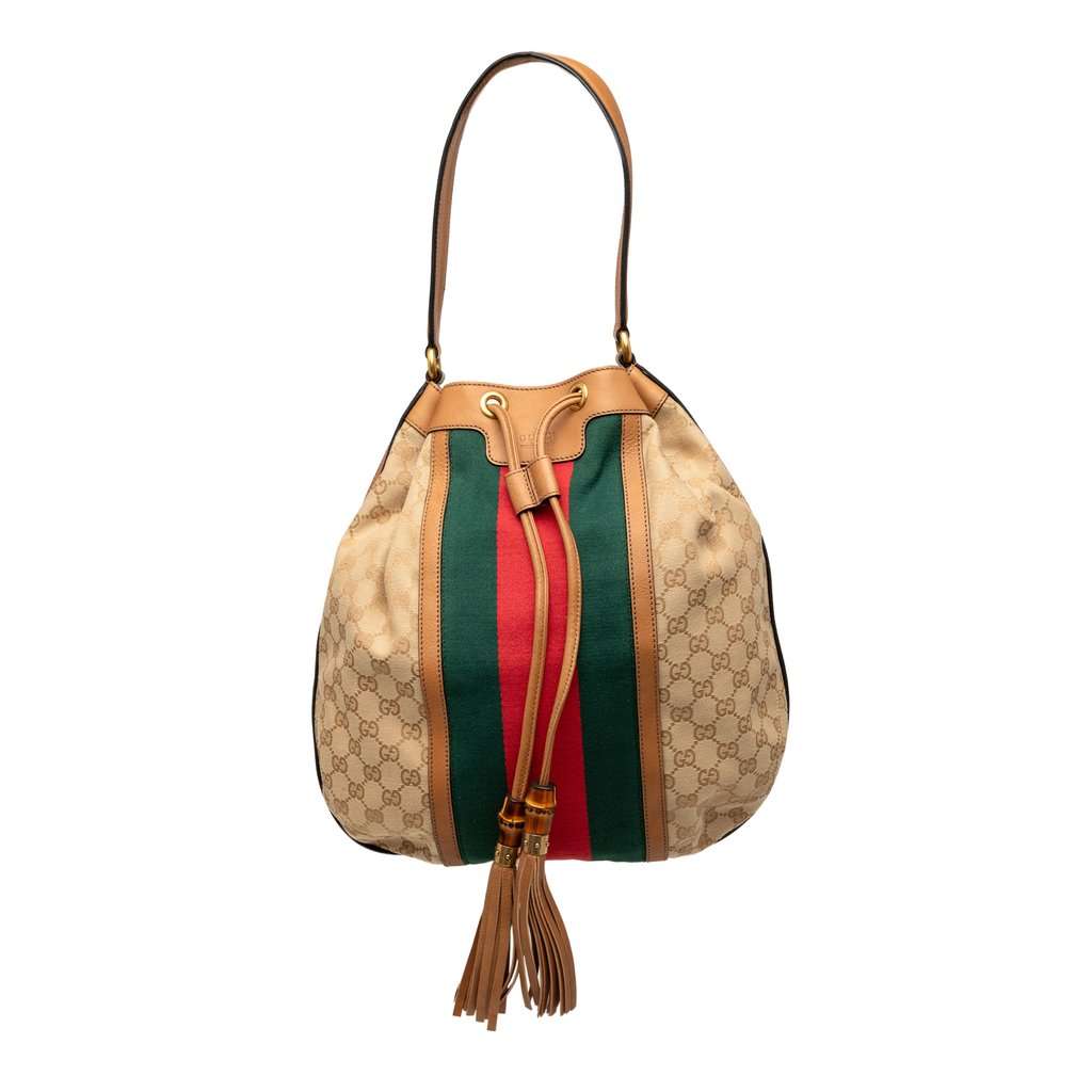 Gucci GG Canvas Web Rania Drawstring Hobo Beige Very good condition - Front View