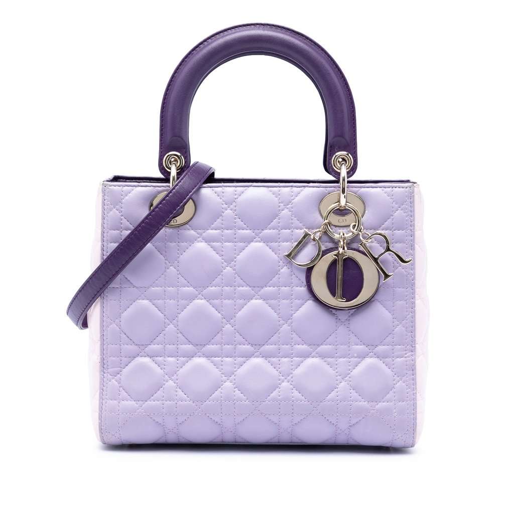 Dior Medium Tricolor Lambskin Cannage Lady Dior Purple Leather Very good condition - Front View