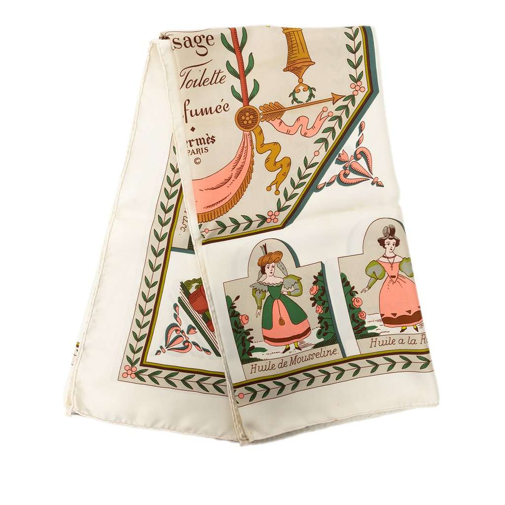 Hermès Huile Rafraichissante a L Usage de la Toilette Parfumee Silk Scarf 90 White Very good - Front View