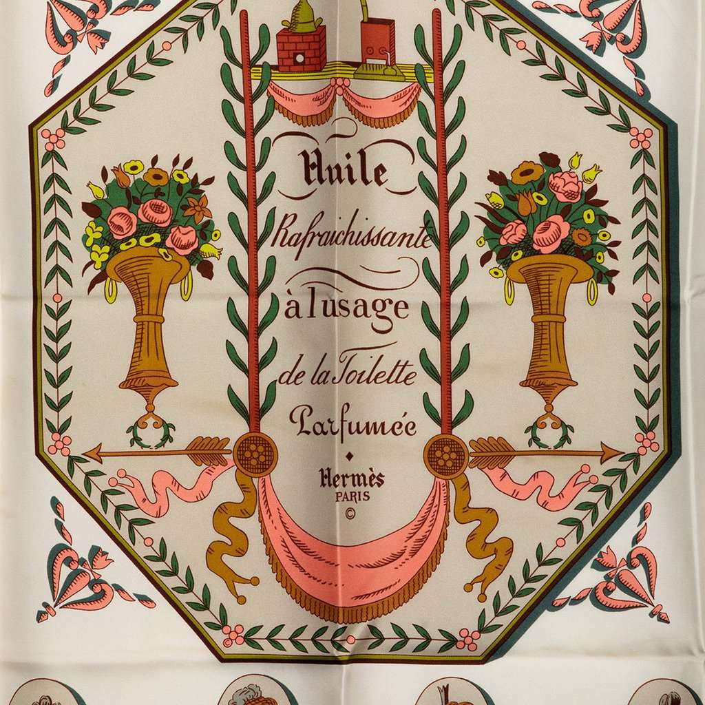 Hermès Huile Rafraichissante a L Usage de la Toilette Parfumee Silk Scarf 90 White Very good - Back View