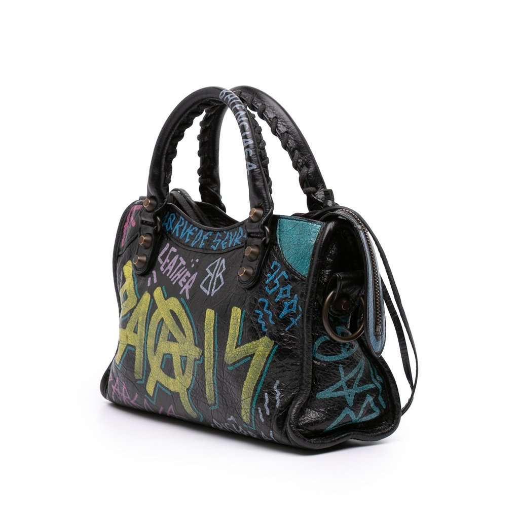 Balenciaga Mini Lambskin Motocross Graffiti All Over Classic City Satchel Black Leather Very good - Back View