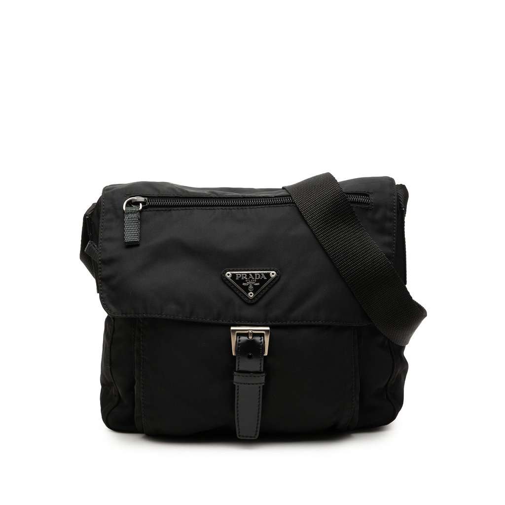 Prada Tessuto Zip Buckle Messenger Bag Black Very good - Front View
