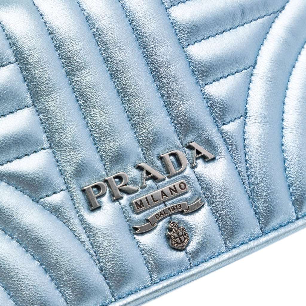 Prada Metallic Soft Calf Impunture Diagramme Wallet on Chain Blue Leather Very good condition - Box View