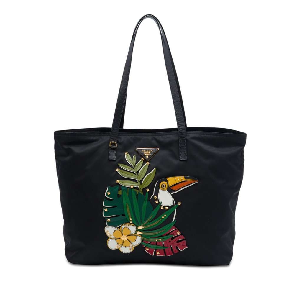 Prada Saffiano Trimmed Tessuto Parrot Applique Tote Black Very good - Front View