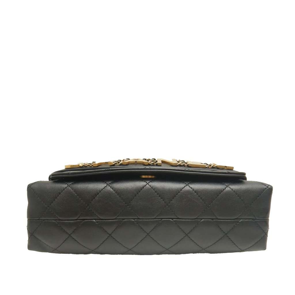 Chanel Medium Quilted Lambskin Logo Enchained Flap Black Leather Very good - Back View