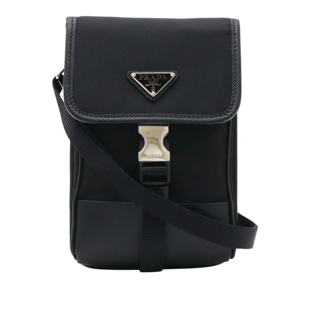 Prada Saffiano Trimmed Re Nylon Phone Case Black Very good - Front View