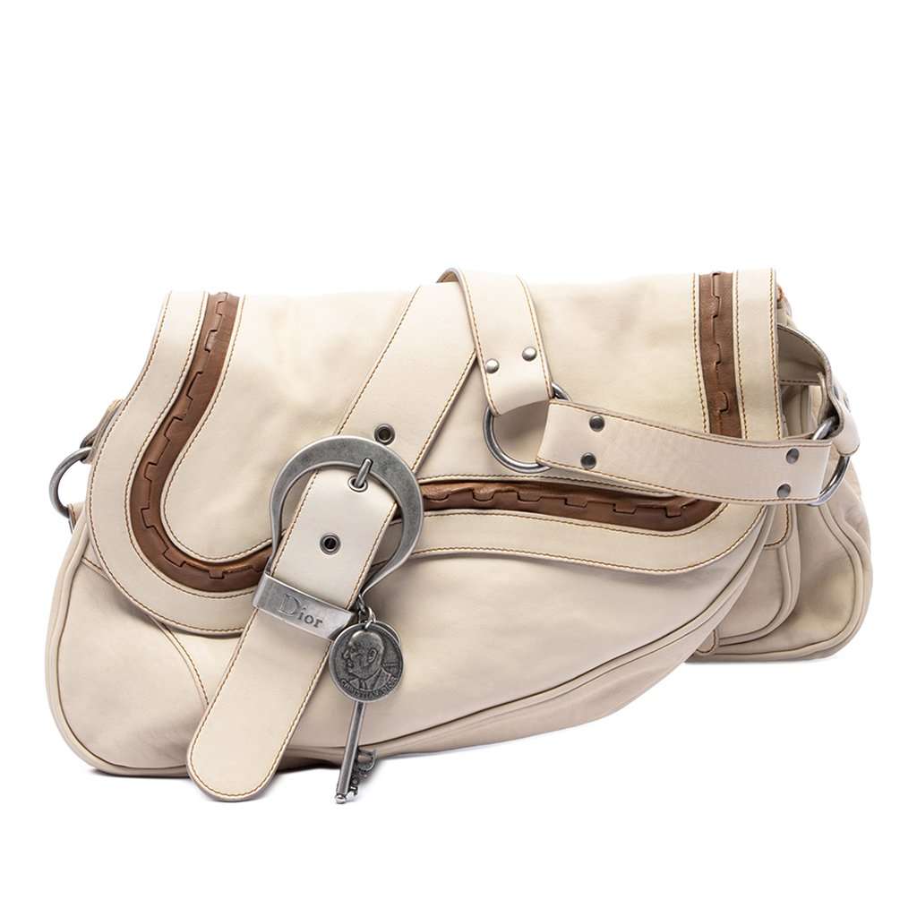 Dior Calfskin Gaucho Double Saddle Shoulder Bag Beige Leather Good - Front View
