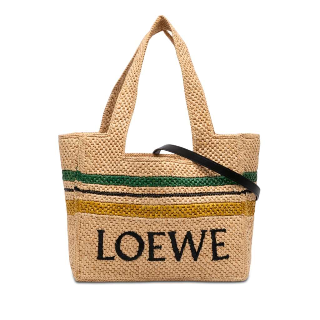LOEWE Paulas Ibiza Medium Raffia Striped Font Tote Beige Very good condition - Front View