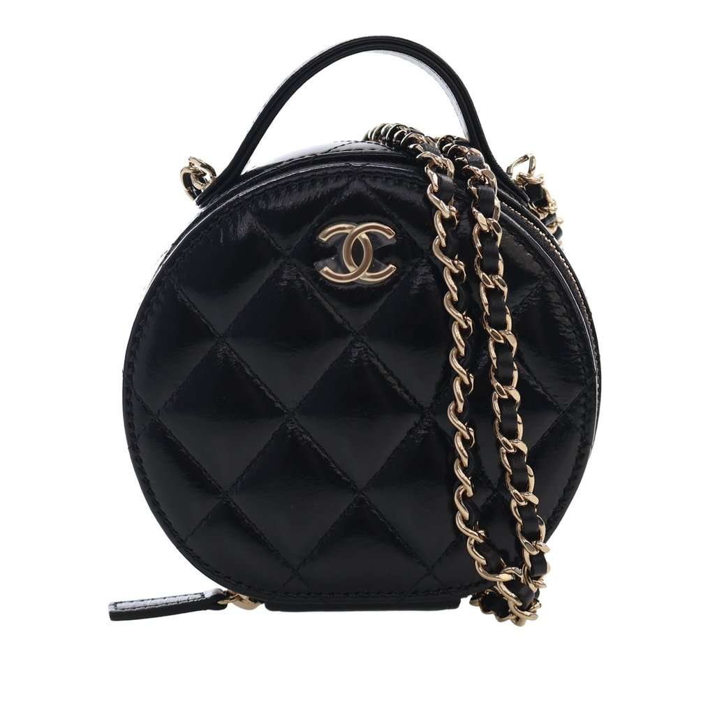 Chanel Quilted Glazed Lambskin Handle With Care Round Vanity Case with Chain Black Leather Very good - Front View